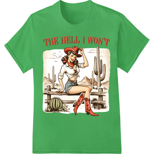 Sassy Cowgirl Ready for Action - Bold Western DTF Print on green shirt - SUPERDTF-DTF Prints-DTF Transfers-Custom DTF Prints