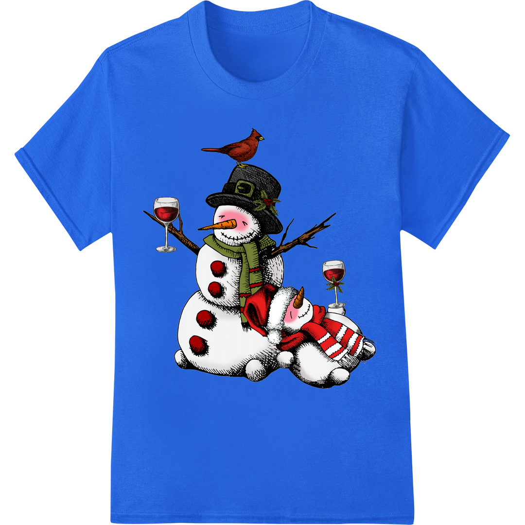 Festive Wine Lover Snowman Christmas DTF Print Transfer on blue shirt - SUPERDTF-DTF Prints-DTF Transfers-Custom DTF Prints