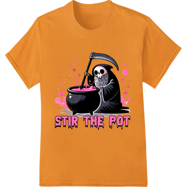 Spooky Grim Reaper Stirs the Pot in Pink | Halloween DTF Print on orange shirt - SUPERDTF-DTF Prints-DTF Transfers-Custom DTF Prints