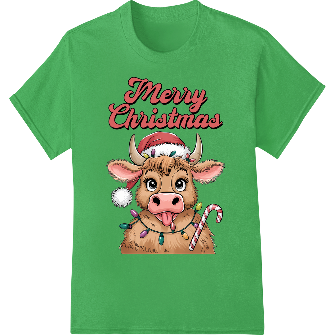 Cute Christmas Cow   Merry Moo-ry Transfer   Festive Farm on green shirt - SUPERDTF-DTF Prints-DTF Transfers-Custom DTF Prints