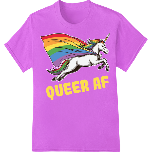 Bold 'Queer AF' Rainbow Unicorn DTF Print Heat Transfer on purple shirt - SUPERDTF-DTF Prints-DTF Transfers-Custom DTF Prints