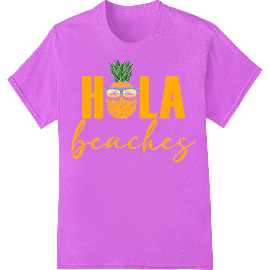 Retro Summer Vibes: HOLA Beaches Pineapple DTF Print on purple shirt - SUPERDTF-DTF Prints-DTF Transfers-Custom DTF Prints