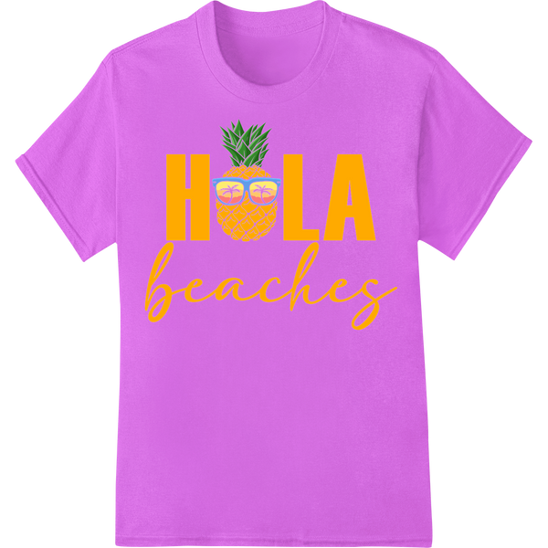 Retro Summer Vibes: HOLA Beaches Pineapple DTF Print on purple shirt - SUPERDTF-DTF Prints-DTF Transfers-Custom DTF Prints