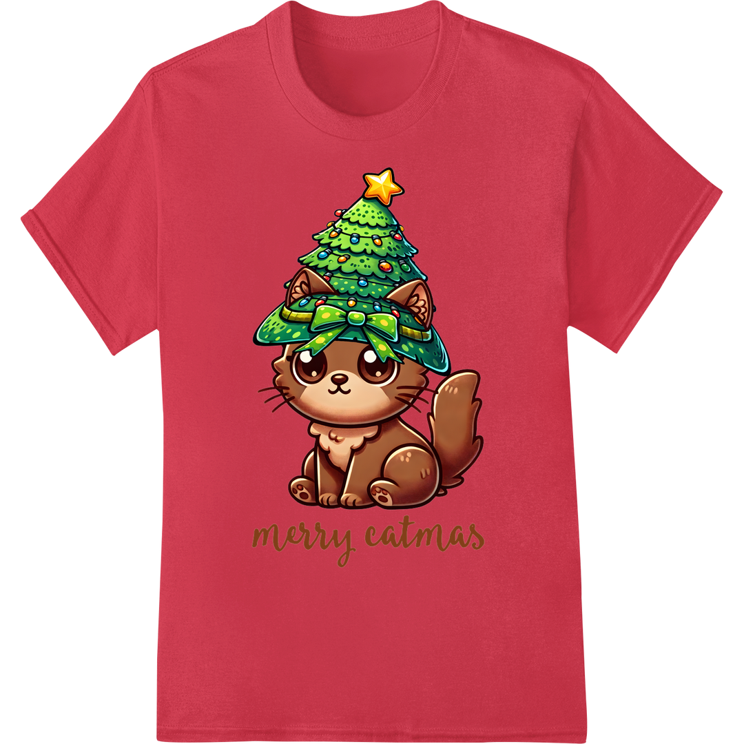 Adorable 'Merry Catmas' Cat Christmas Tree DTF Print on red shirt - SUPERDTF-DTF Prints-DTF Transfers-Custom DTF Prints