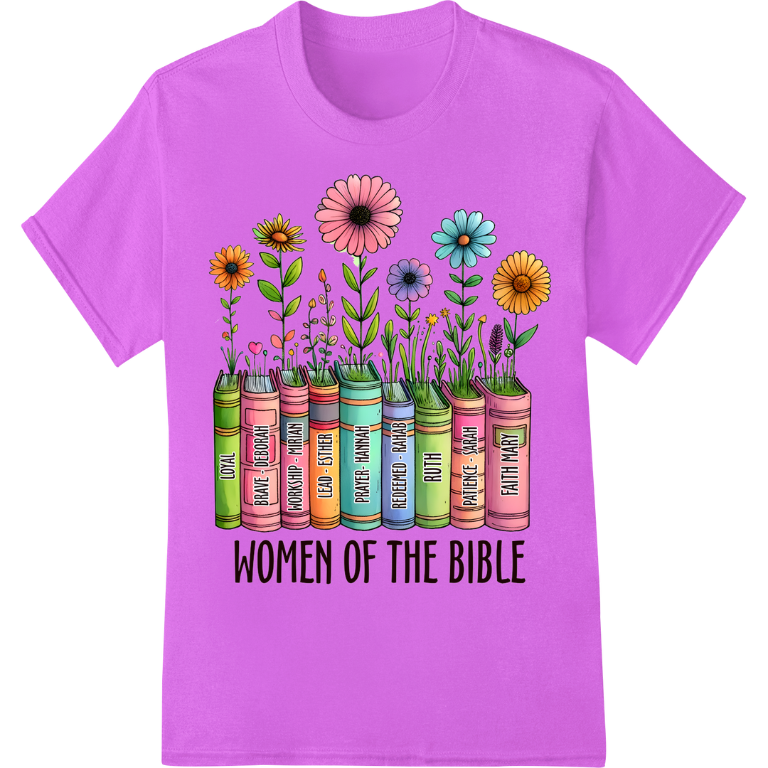 Floral 'Women of the Bible' Christian DTF Heat Transfer Print on purple shirt - SUPERDTF-DTF Prints-DTF Transfers-Custom DTF Prints