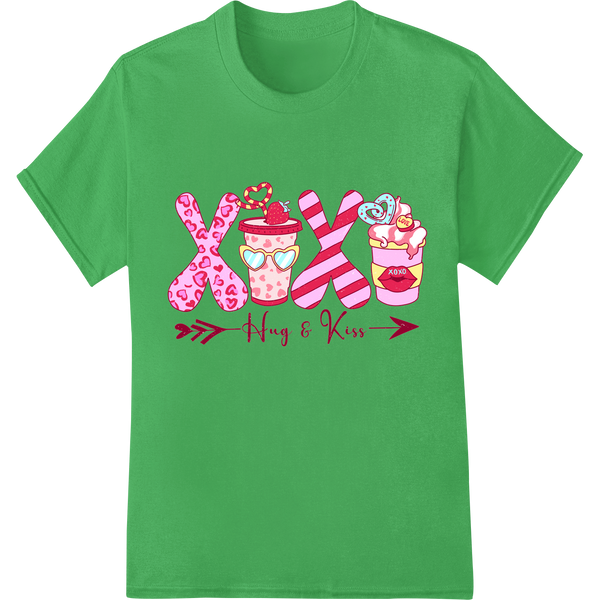 Adorable 'Hug & Kiss' Coffee Valentine's Day Heat Transfer on green shirt - SUPERDTF-DTF Prints-DTF Transfers-Custom DTF Prints