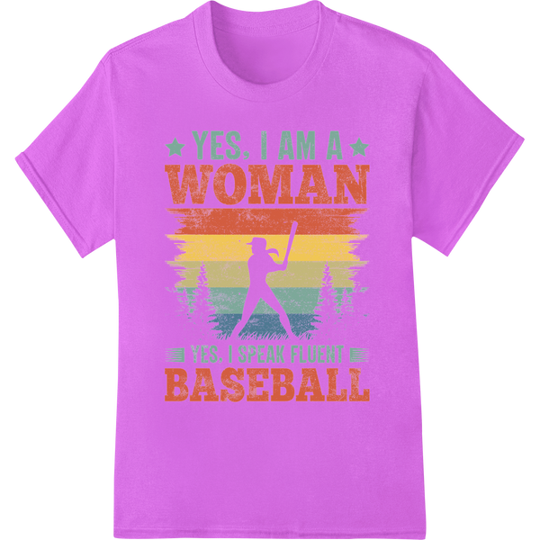 Yes, I Am a Woman Baseball Fan | Empowering DTF Transfer on purple shirt - SUPERDTF-DTF Prints-DTF Transfers-Custom DTF Prints