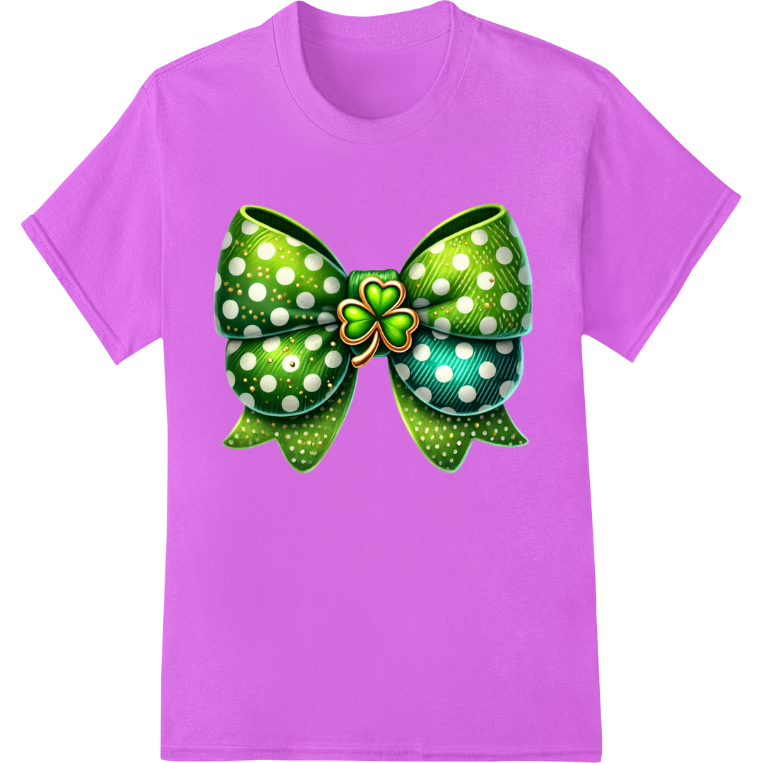 Lucky Clover Bow: Festive St. Patrick's Day DTF Print Transfer on purple shirt - SUPERDTF-DTF Prints-DTF Transfers-Custom DTF Prints