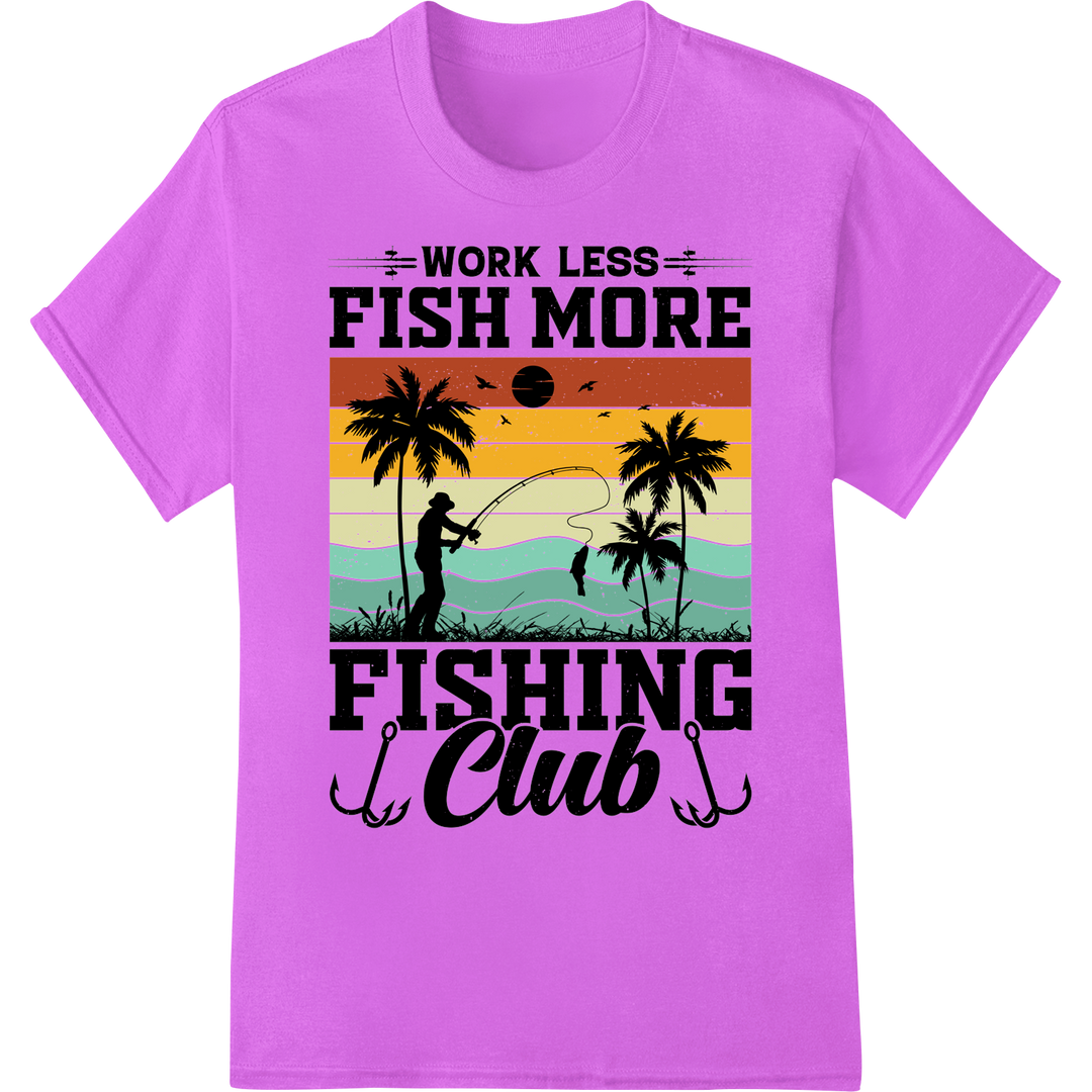 Retro 'Work Less Fish More' DTF Print Heat Transfer on purple shirt - SUPERDTF-DTF Prints-DTF Transfers-Custom DTF Prints