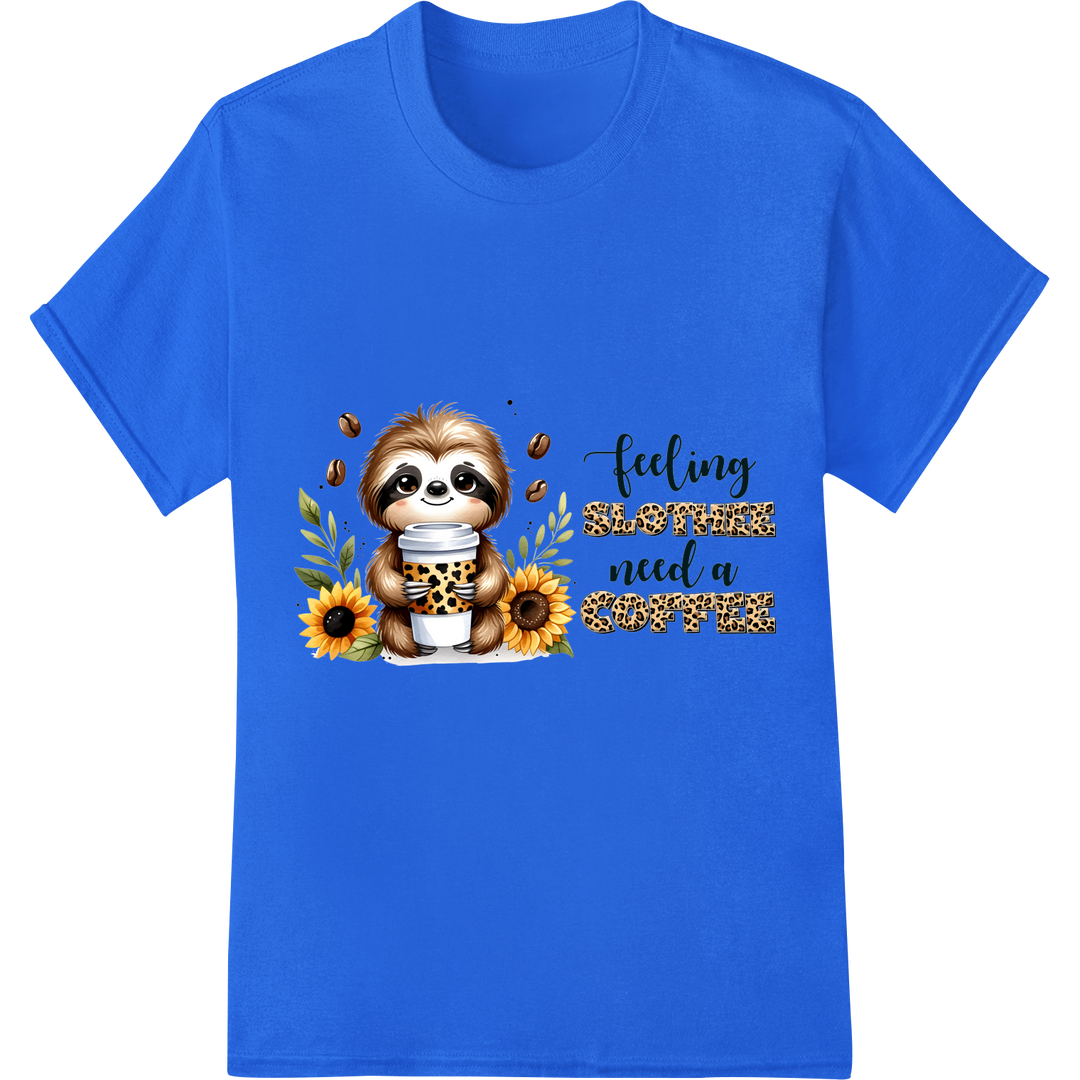 Adorable Sloth Coffee Lover Fall DTF Print Heat Transfer on blue shirt - SUPERDTF-DTF Prints-DTF Transfers-Custom DTF Prints