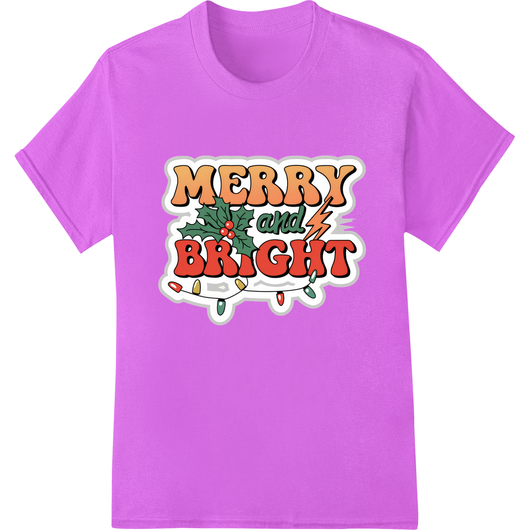 Festive 'Merry and Bright' Christmas DTF Heat Transfer Print on purple shirt - SUPERDTF-DTF Prints-DTF Transfers-Custom DTF Prints