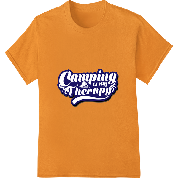 Express Your Love for Nature with 'Camping is my therapy' on orange shirt - SUPERDTF-DTF Prints-DTF Transfers-Custom DTF Prints