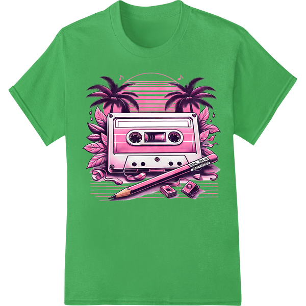 Retro Pink Cassette Tape with Palm Trees DTF Heat Transfer on green shirt - SUPERDTF-DTF Prints-DTF Transfers-Custom DTF Prints