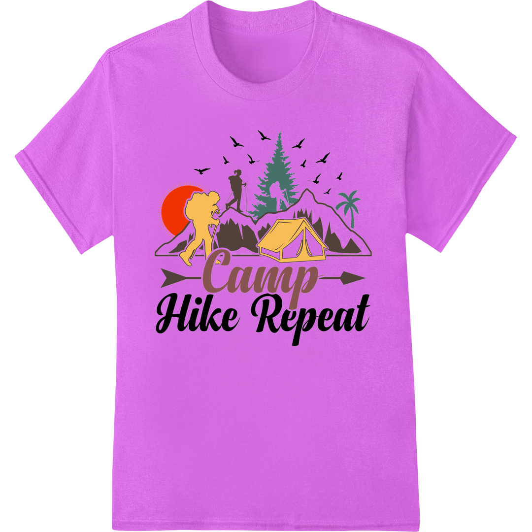 Embrace the Outdoors: 'Camp Hike Repeat' DTF Print on purple shirt - SUPERDTF-DTF Prints-DTF Transfers-Custom DTF Prints