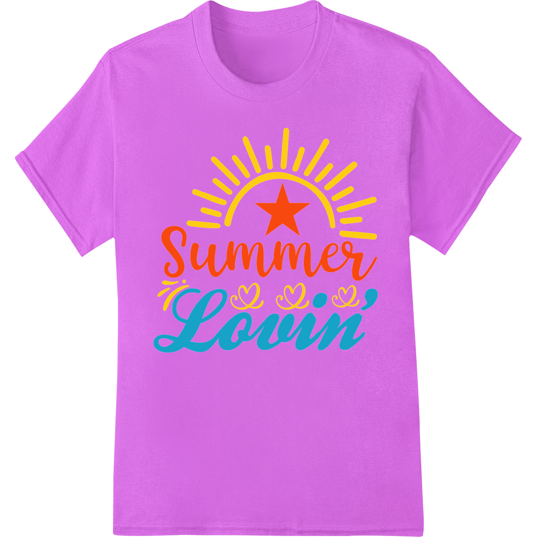 Summer Lovin' Sun Print | Vibrant DTF Heat Transfer Design on purple shirt - SUPERDTF-DTF Prints-DTF Transfers-Custom DTF Prints