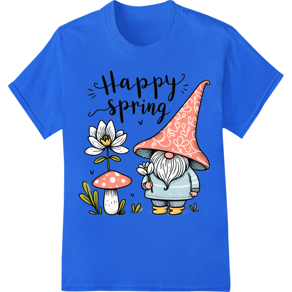 Whimsical Spring Gnome & Mushroom DTF Print Heat Transfer on blue shirt - SUPERDTF-DTF Prints-DTF Transfers-Custom DTF Prints