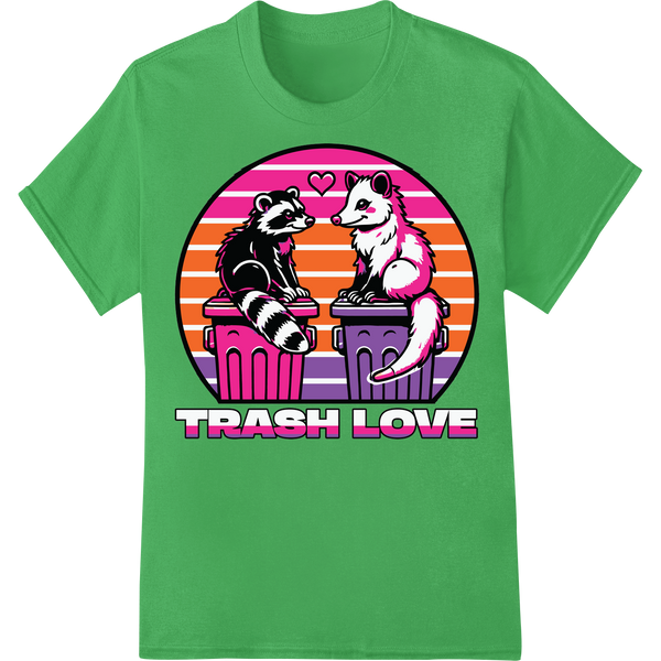 Adorable Raccoons 'Trash Love' Funny Animal DTF Print on green shirt - SUPERDTF-DTF Prints-DTF Transfers-Custom DTF Prints