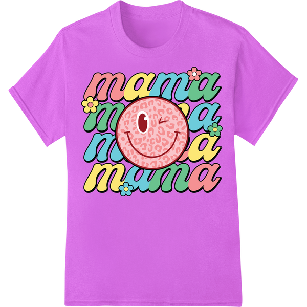 Retro Mama Leopard Print Smiley Mother's Day DTF Transfer on purple shirt - SUPERDTF-DTF Prints-DTF Transfers-Custom DTF Prints