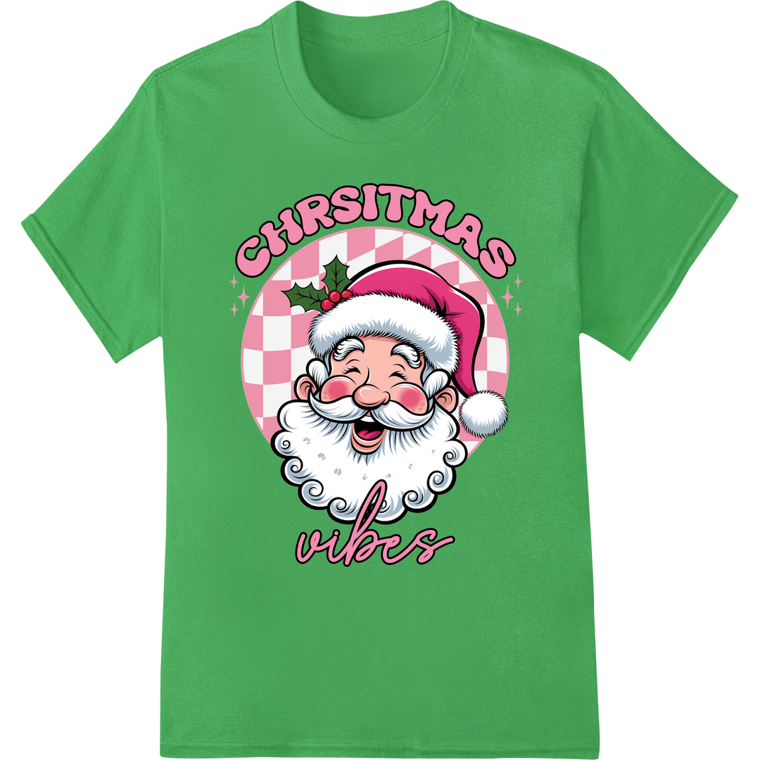 Adorable Pink Santa Heat Transfer - Festive Christmas on green shirt - SUPERDTF-DTF Prints-DTF Transfers-Custom DTF Prints