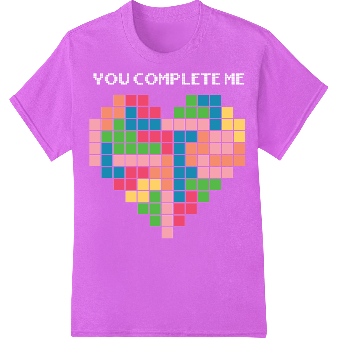 Vibrant Pixelated Hearts - You Complete Me DTF Print on purple shirt - SUPERDTF-DTF Prints-DTF Transfers-Custom DTF Prints