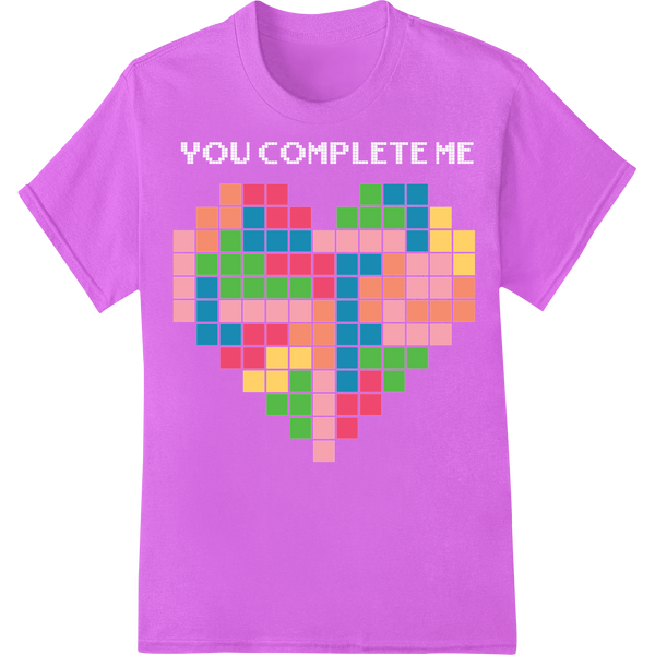 Vibrant Pixelated Hearts - You Complete Me DTF Print on purple shirt - SUPERDTF-DTF Prints-DTF Transfers-Custom DTF Prints