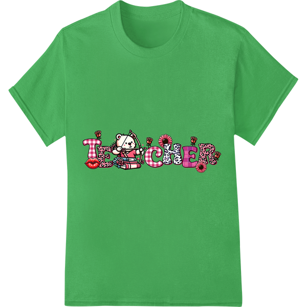 Adorable Valentine's Day TEACHER Word Art DTF Print on green shirt - SUPERDTF-DTF Prints-DTF Transfers-Custom DTF Prints