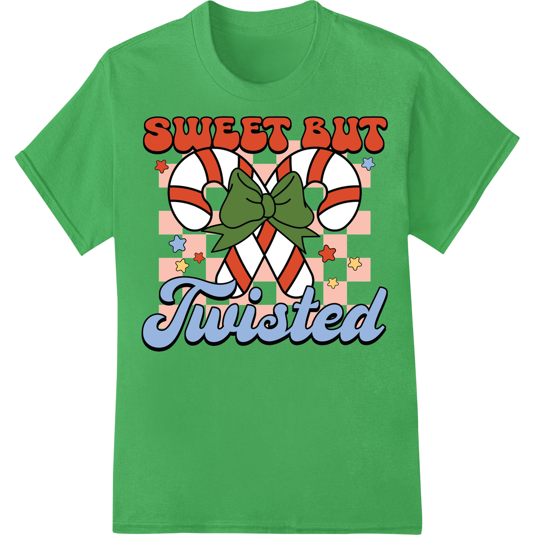 Sweet but Twisted: Quirky Candy Cane Christmas DTF Print on green shirt - SUPERDTF-DTF Prints-DTF Transfers-Custom DTF Prints