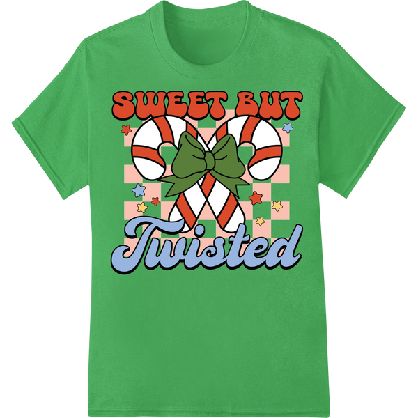 Sweet but Twisted: Quirky Candy Cane Christmas DTF Print on green shirt - SUPERDTF-DTF Prints-DTF Transfers-Custom DTF Prints