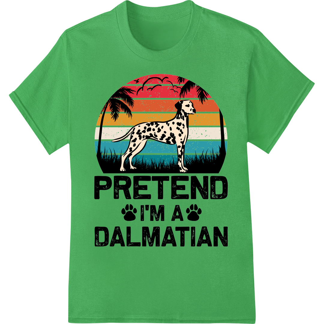 Retro Dalmatian Sunset DTF Print | Vintage Dog T-Shirt Design on green shirt - SUPERDTF-DTF Prints-DTF Transfers-Custom DTF Prints