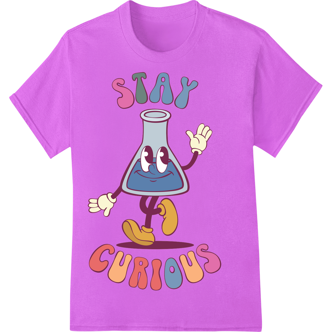 Stay Curious: Playful Chemistry Flask DTF Print Transfer on purple shirt - SUPERDTF-DTF Prints-DTF Transfers-Custom DTF Prints