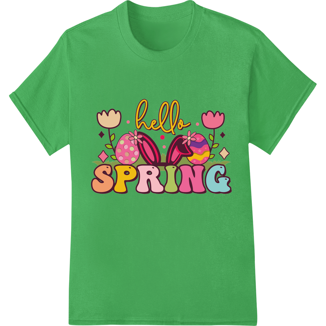 Retro 'Hello Spring' Easter Floral DTF Print Heat Transfer on green shirt - SUPERDTF-DTF Prints-DTF Transfers-Custom DTF Prints