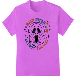 Spooky 'Boom Bitch' Halloween Ghost DTF Heat Transfer Print enhanced with professional custom DTF designs