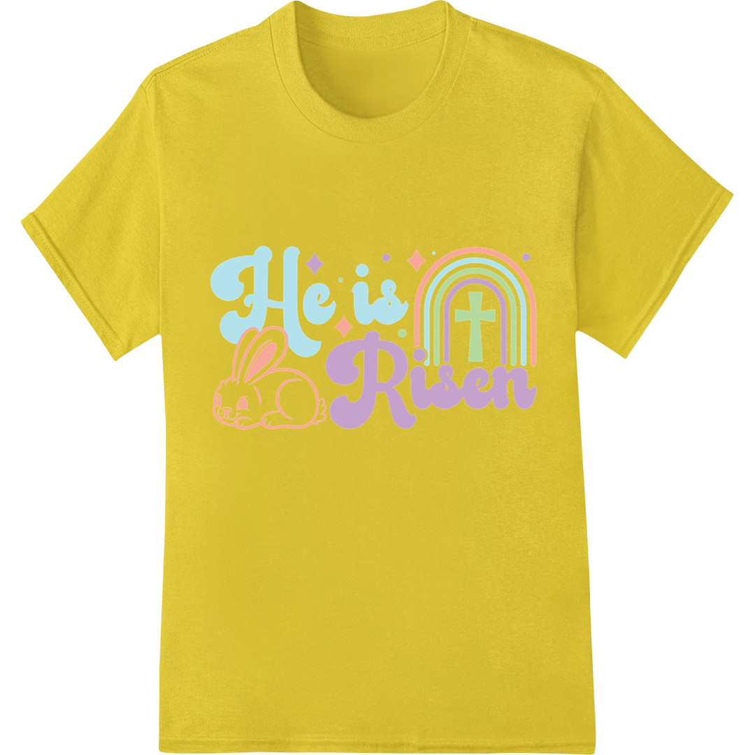 Retro Easter Cheer: Adorable "He is Risen" DTF Print Transfer on yellow shirt - SUPERDTF-DTF Prints-DTF Transfers-Custom DTF Prints