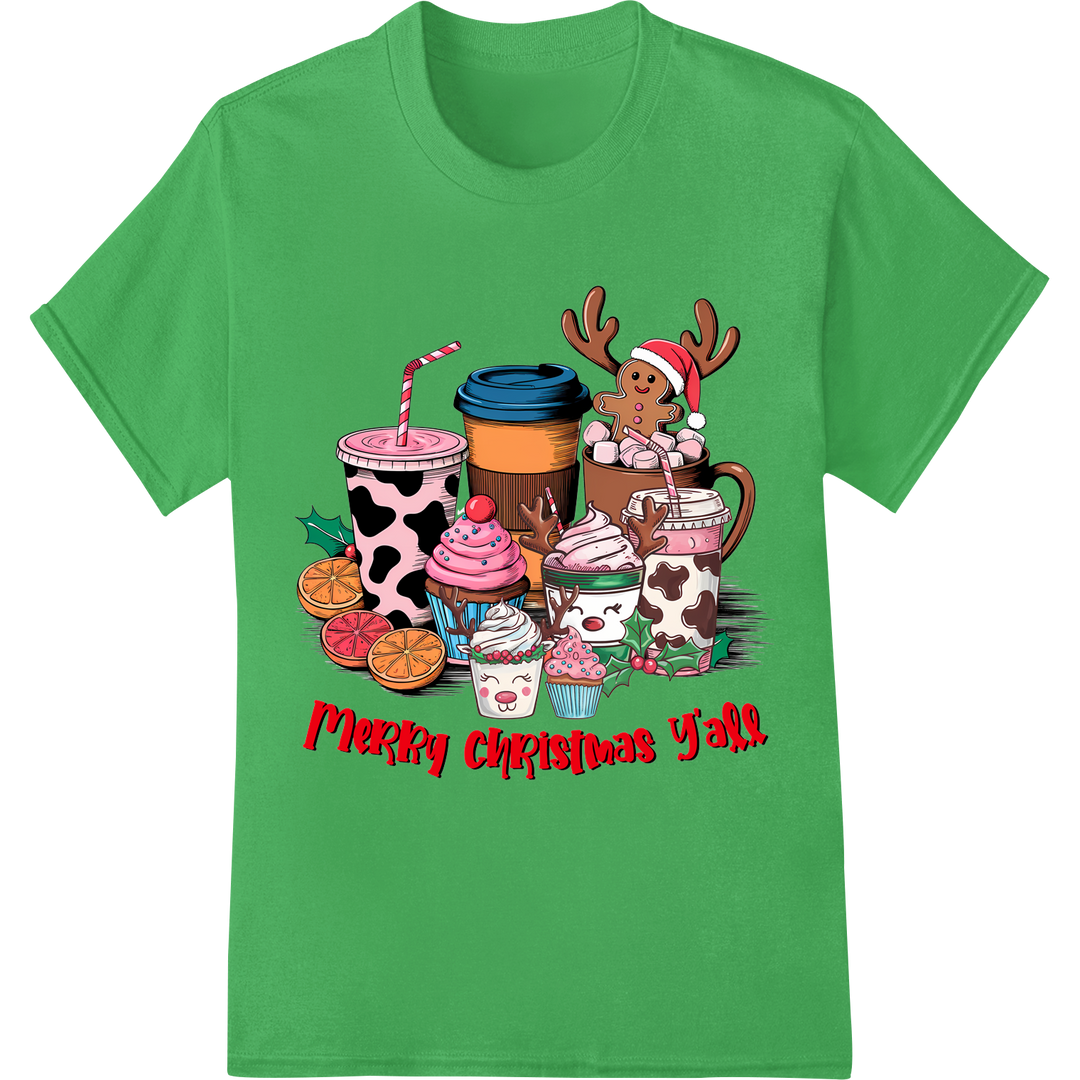 Festive Coffee Cheer: Merry Christmas Y'all DTF Print on green shirt - SUPERDTF-DTF Prints-DTF Transfers-Custom DTF Prints