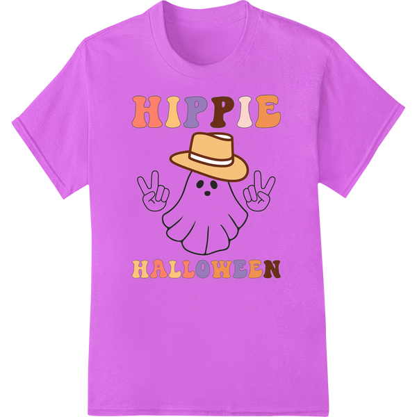 Groovy Ghost: Hippie Halloween Spirit on purple shirt - SUPERDTF-DTF Prints-DTF Transfers-Custom DTF Prints