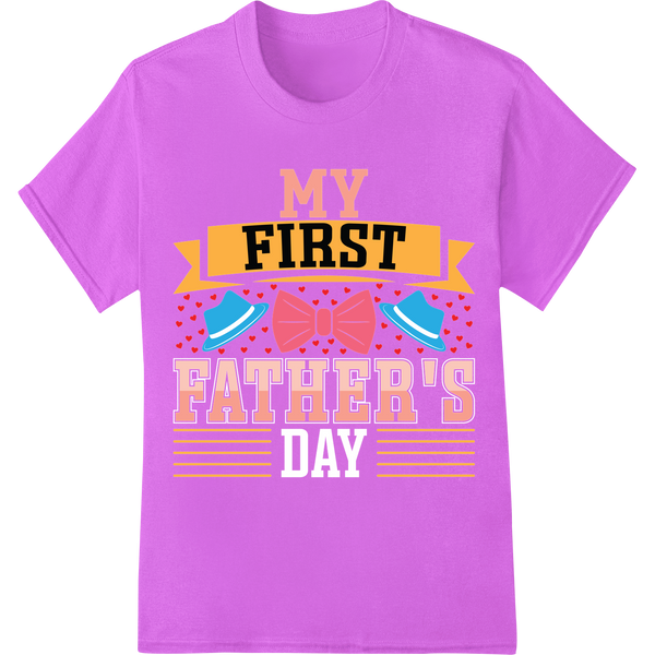 Adorable 'My First Father's' DTF Print for New Dads on purple shirt - SUPERDTF-DTF Prints-DTF Transfers-Custom DTF Prints