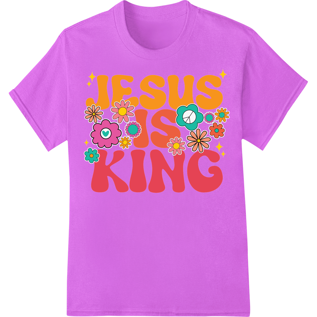 Joyful 'JESUS IS KING' Faith DTF Print Heat Transfer on purple shirt - SUPERDTF-DTF Prints-DTF Transfers-Custom DTF Prints