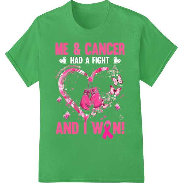 Victorious Cancer Survivor Pink Heart DTF Print Heat Transfer on green shirt - SUPERDTF-DTF Prints-DTF Transfers-Custom DTF Prints