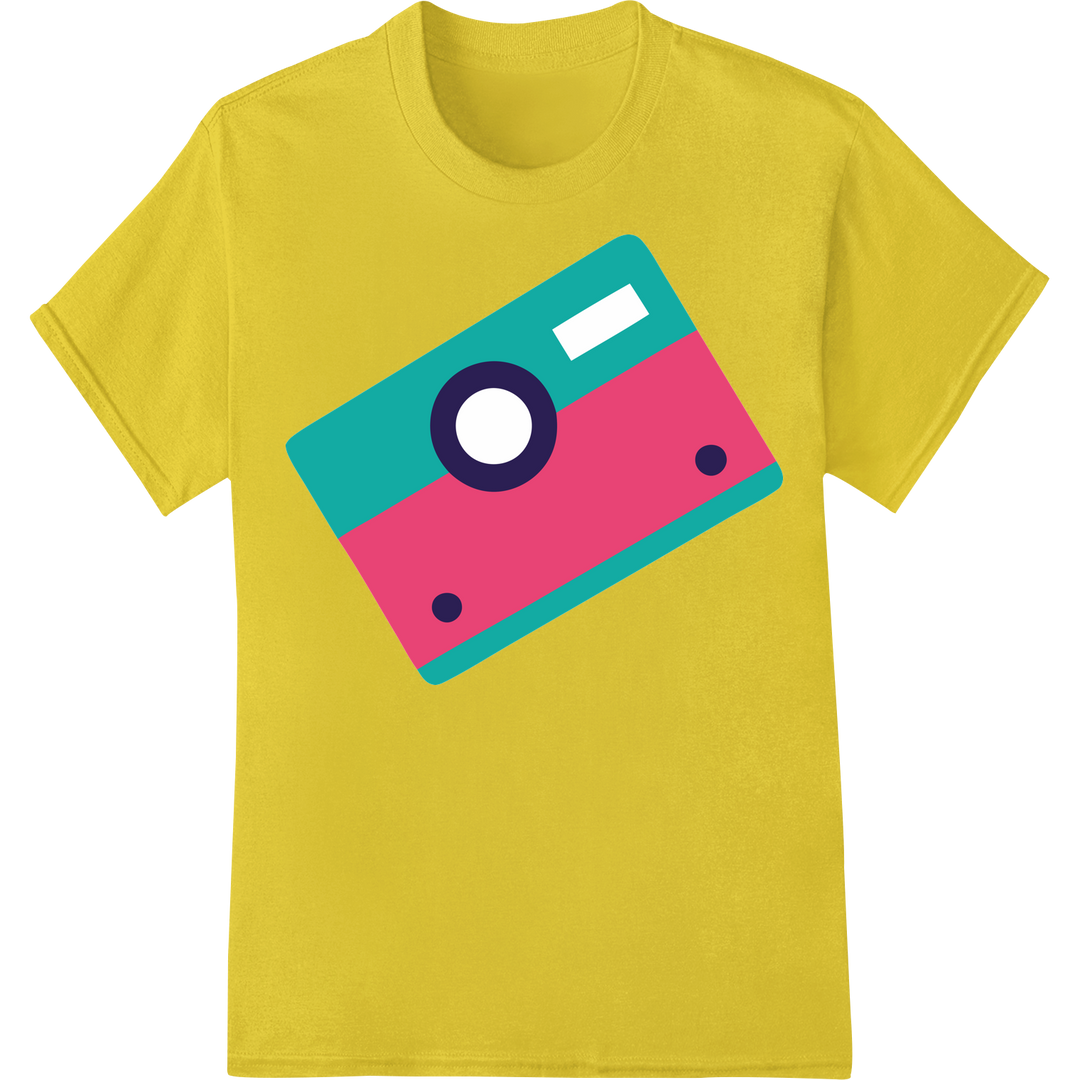 Bold 90s Camera Graphic DTF Transfer Print | Retro Style on yellow shirt - SUPERDTF-DTF Prints-DTF Transfers-Custom DTF Prints