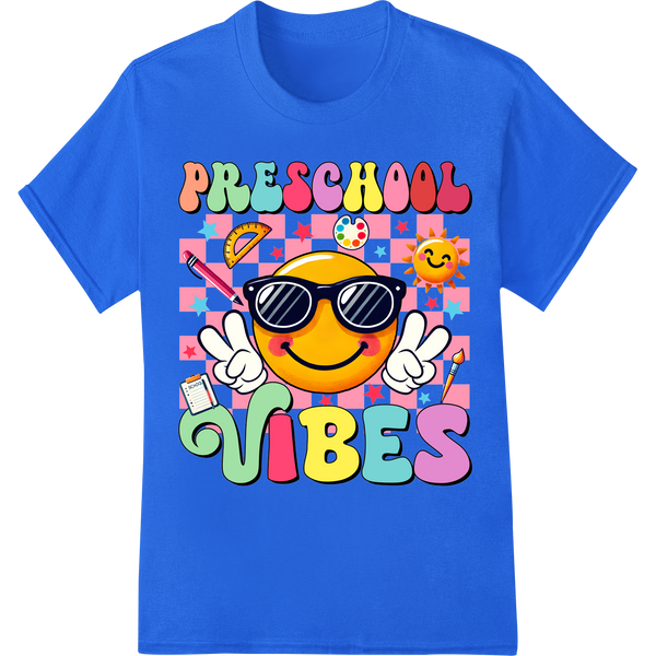 Preschool Vibes: Fun Teacher DTF Print Heat Transfer on blue shirt - SUPERDTF-DTF Prints-DTF Transfers-Custom DTF Prints