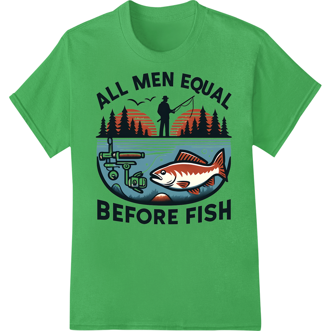 Fishing Equality: All Men Equal Before Fish DTF Print on green shirt - SUPERDTF-DTF Prints-DTF Transfers-Custom DTF Prints