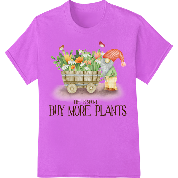 Whimsical Gardening Gnome 'Buy More Plants' DTF Print on purple shirt - SUPERDTF-DTF Prints-DTF Transfers-Custom DTF Prints