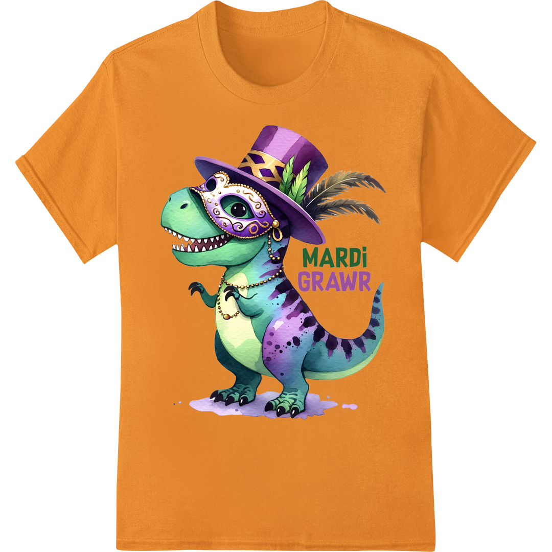 Roaring Mardi Gras: Festive T-Rex Ready to Party! on orange shirt - SUPERDTF-DTF Prints-DTF Transfers-Custom DTF Prints