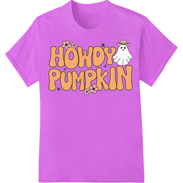 Cute 'HOWDY PUMPKIN' Halloween Ghost Cowboy Design on purple shirt - SUPERDTF-DTF Prints-DTF Transfers-Custom DTF Prints