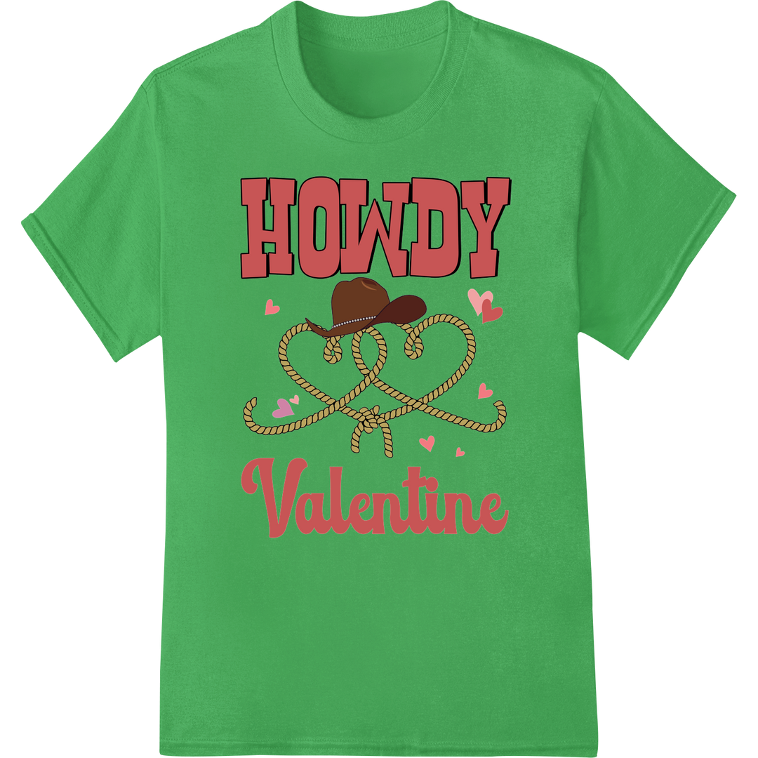 Rustic HOWDY Valentine: Charming Western Love DTF Print on green shirt - SUPERDTF-DTF Prints-DTF Transfers-Custom DTF Prints