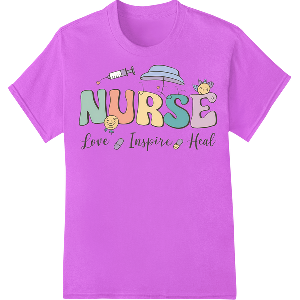 Heartfelt NURSE Typography DTF Print Heat Transfer Design on purple shirt - SUPERDTF-DTF Prints-DTF Transfers-Custom DTF Prints