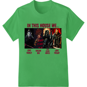 Custom durable print transfers design - In This House We Love Horror - DTF Print Heat Transfer