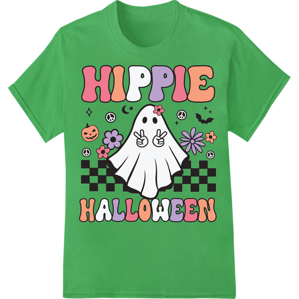 Groovy Ghost: Hippie Halloween Vibes for Spooky Season on green shirt - SUPERDTF-DTF Prints-DTF Transfers-Custom DTF Prints