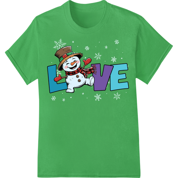 Adorable Snowman 'LOVE' DTF Print Heat Transfer | Christmas on green shirt - SUPERDTF-DTF Prints-DTF Transfers-Custom DTF Prints