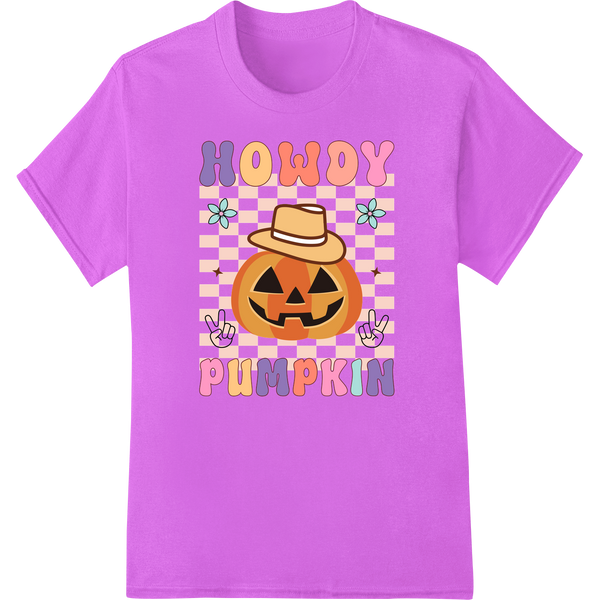 Adorable 'Howdy Pumpkin' Halloween Heat Transfer Design on purple shirt - SUPERDTF-DTF Prints-DTF Transfers-Custom DTF Prints